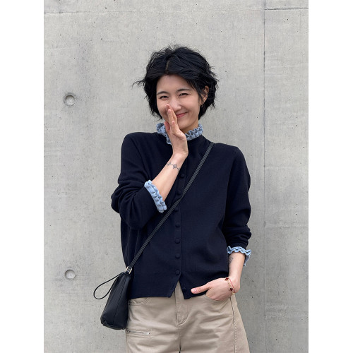 浪清 立領木耳邊打底衫撞色拼接上衣羊毛衫薄款針織衫女2025新款