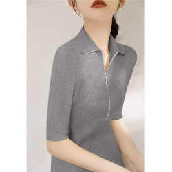 奧萊折釦店春夏新款淺色系女裝拉鍊坑條針織衫短袖翻領上衣打底衫