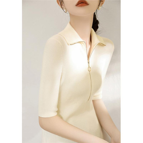 奧萊折釦店春夏新款淺色系女裝拉鍊坑條針織衫短袖翻領上衣打底衫