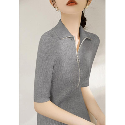 奧萊折釦店春夏新款淺色系女裝拉鍊坑條針織衫短袖翻領上衣打底衫