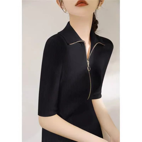 奧萊折釦店春夏新款淺色系女裝拉鍊坑條針織衫短袖翻領上衣打底衫