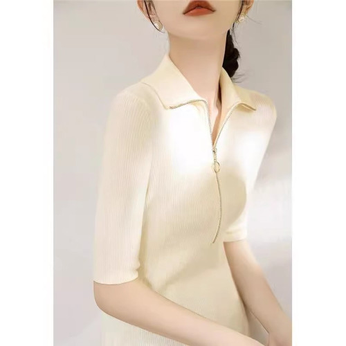 奧萊折釦店春夏新款淺色系女裝拉鍊坑條針織衫短袖翻領上衣打底衫