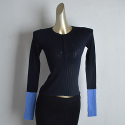 時尚設計感修身顯瘦圓領針織羊毛衫女春季新款撞色長袖薄款打底衫