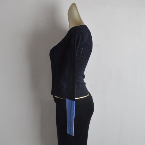 時尚設計感修身顯瘦圓領針織羊毛衫女春季新款撞色長袖薄款打底衫