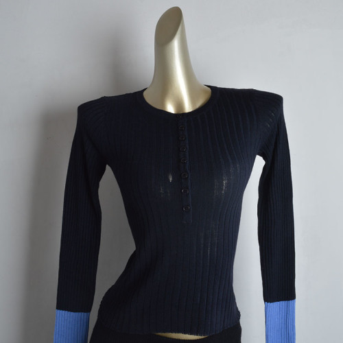 時尚設計感修身顯瘦圓領針織羊毛衫女春季新款撞色長袖薄款打底衫