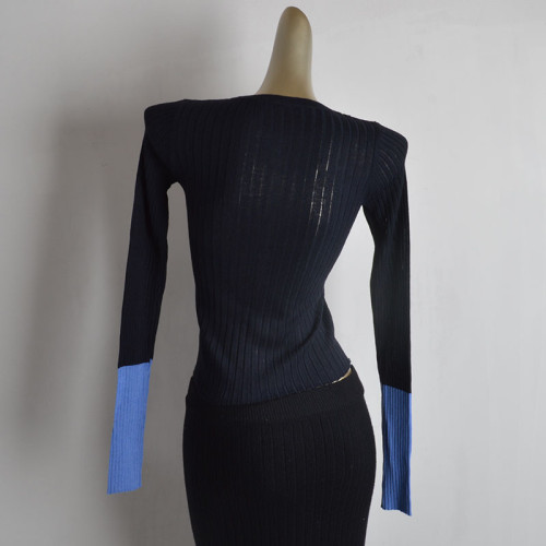 時尚設計感修身顯瘦圓領針織羊毛衫女春季新款撞色長袖薄款打底衫