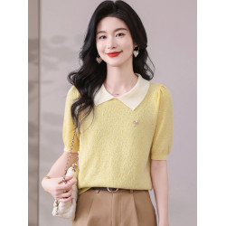 冰絲短袖針織衫女款2025新款娃娃領打底衫萊賽爾黃色天絲t恤上衣