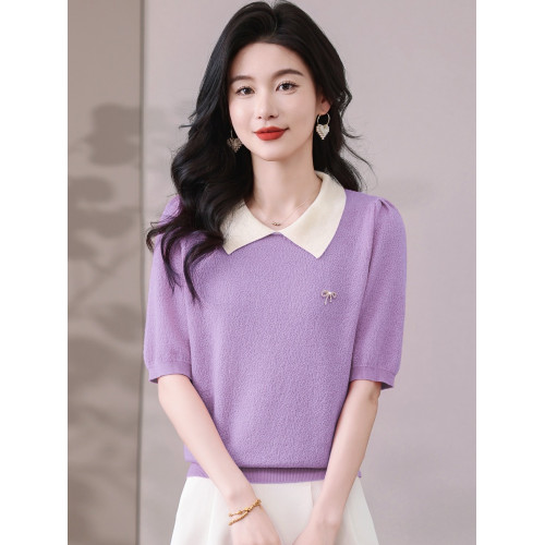 冰絲短袖針織衫女款2025新款娃娃領打底衫萊賽爾黃色天絲t恤上衣