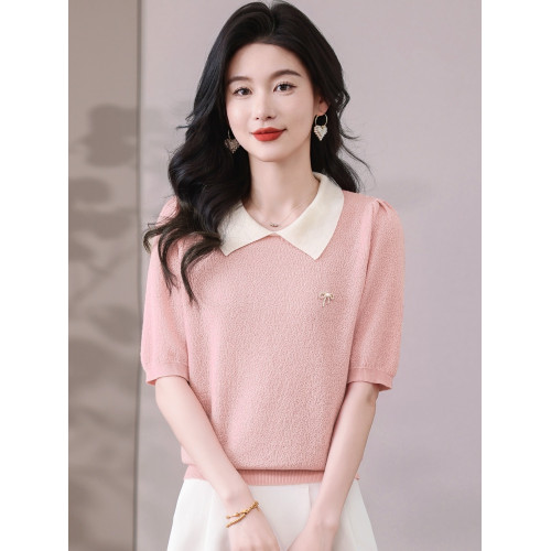 冰絲短袖針織衫女款2025新款娃娃領打底衫萊賽爾黃色天絲t恤上衣