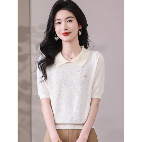 冰絲短袖針織衫女款2025新款娃娃領打底衫萊賽爾黃色天絲t恤上衣