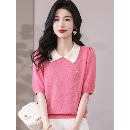 冰絲短袖針織衫女款2025新款娃娃領打底衫萊賽爾黃色天絲t恤上衣