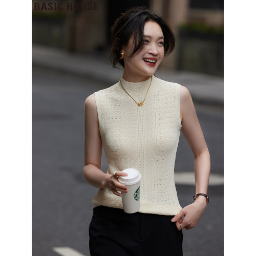Basic House/百家好薄款半高領針織背心女夏季西裝內搭無袖打底衫