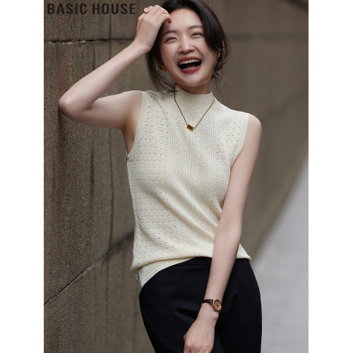 Basic House/百家好薄款半高領針織背心女夏季西裝內搭無袖打底衫