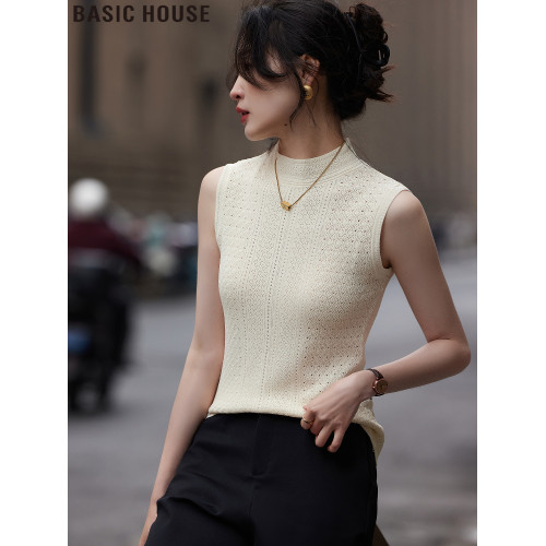 Basic House/百家好薄款半高領針織背心女夏季西裝內搭無袖打底衫