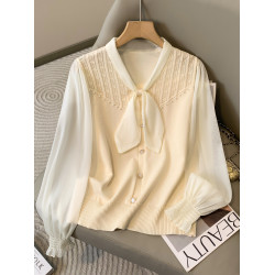 蝴蝶結長袖拼接大碼針織衫薄款2025年春款v領寬松顯瘦精緻上衣