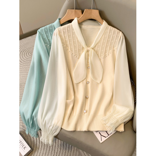 蝴蝶結長袖拼接大碼針織衫薄款2025年春款v領寬松顯瘦精緻上衣