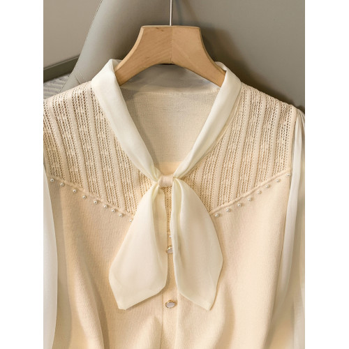 蝴蝶結長袖拼接大碼針織衫薄款2025年春款v領寬松顯瘦精緻上衣