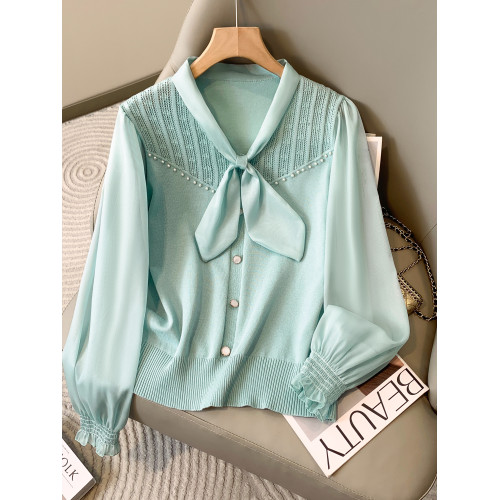 蝴蝶結長袖拼接大碼針織衫薄款2025年春款v領寬松顯瘦精緻上衣