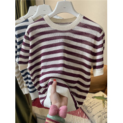 天絲亞麻撞色條紋針織衫女圓領套頭短袖上衣內搭外穿百搭打底衫