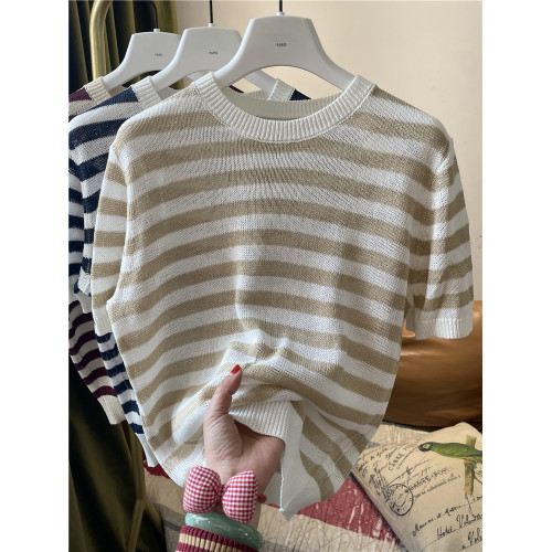 天絲亞麻撞色條紋針織衫女圓領套頭短袖上衣內搭外穿百搭打底衫