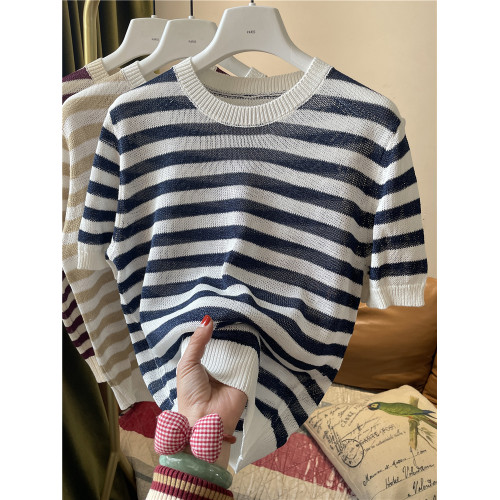 天絲亞麻撞色條紋針織衫女圓領套頭短袖上衣內搭外穿百搭打底衫