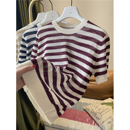 天絲亞麻撞色條紋針織衫女圓領套頭短袖上衣內搭外穿百搭打底衫