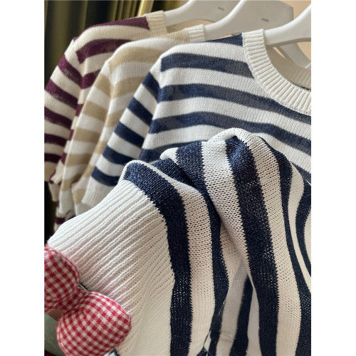 天絲亞麻撞色條紋針織衫女圓領套頭短袖上衣內搭外穿百搭打底衫