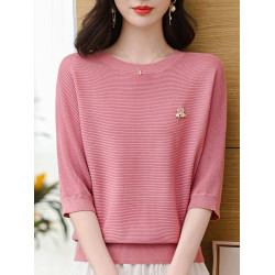 桑蠶絲蝙蝠袖針織衫女中袖上衣春夏媽媽裝洋氣小衫寬松大碼打底衫