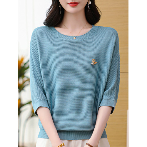 桑蠶絲蝙蝠袖針織衫女中袖上衣春夏媽媽裝洋氣小衫寬松大碼打底衫