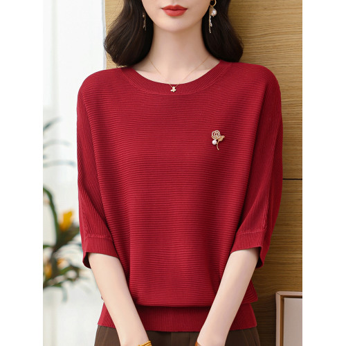 桑蠶絲蝙蝠袖針織衫女中袖上衣春夏媽媽裝洋氣小衫寬松大碼打底衫