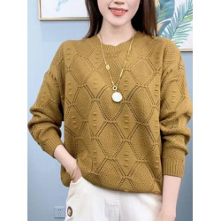 春秋裝內搭圓領鏤空棉線針織衫女復古寬松長袖打底衫薄款毛衣百搭