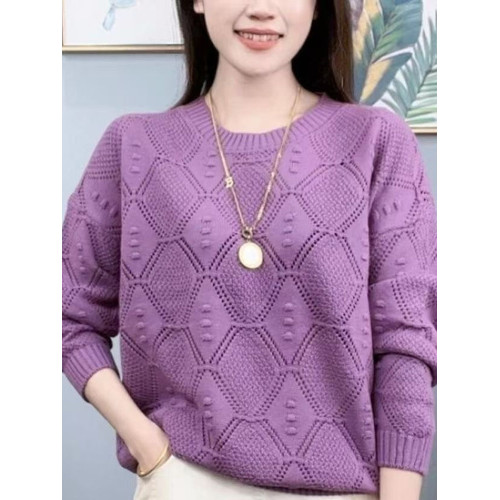 春秋裝內搭圓領鏤空棉線針織衫女復古寬松長袖打底衫薄款毛衣百搭