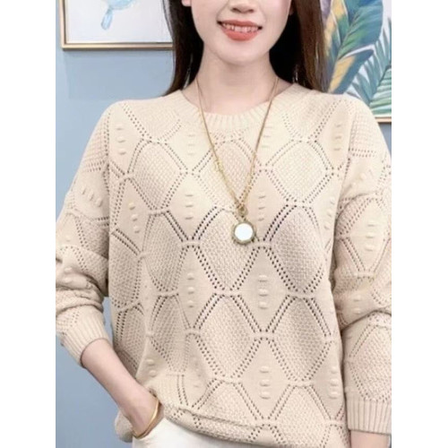 春秋裝內搭圓領鏤空棉線針織衫女復古寬松長袖打底衫薄款毛衣百搭