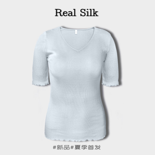 桑蠶絲真絲五分袖V領打底衫女內搭小衫春季新款百搭上衣