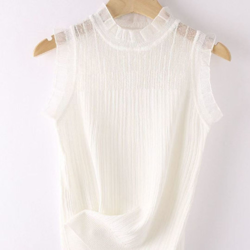 夏季新款網紗半高領針織小吊帶背心女打底衫無袖短款上衣外穿蕾絲