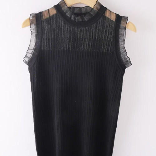 夏季新款網紗半高領針織小吊帶背心女打底衫無袖短款上衣外穿蕾絲