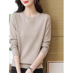 春秋裝薄款純色棉線針織衫上衣女圓領套頭毛衣長袖韓版寬松打底衫