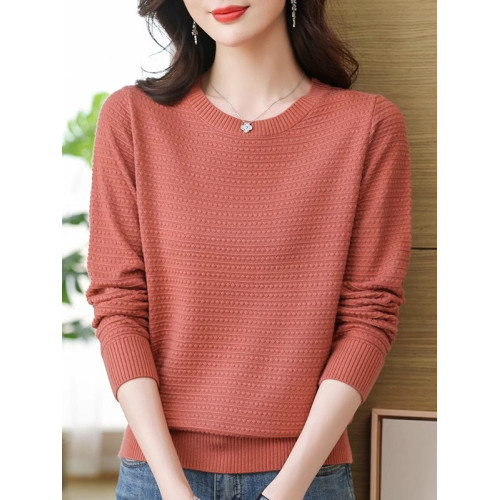 春秋裝薄款純色棉線針織衫上衣女圓領套頭毛衣長袖韓版寬松打底衫