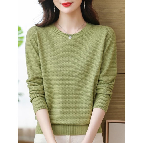 春秋裝薄款純色棉線針織衫上衣女圓領套頭毛衣長袖韓版寬松打底衫