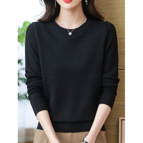 春秋裝薄款純色棉線針織衫上衣女圓領套頭毛衣長袖韓版寬松打底衫