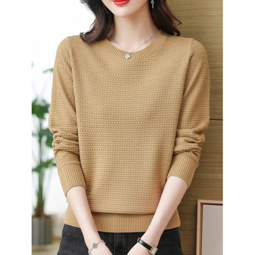 春秋裝薄款純色棉線針織衫上衣女圓領套頭毛衣長袖韓版寬松打底衫