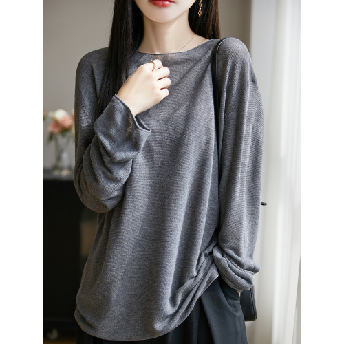 春夏一字領天絲針織打底衫女寬松外穿慵懶風長袖上衣亞麻防曬罩衫