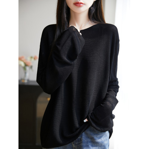 春夏一字領天絲針織打底衫女寬松外穿慵懶風長袖上衣亞麻防曬罩衫