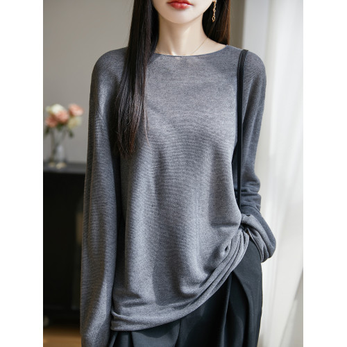 春夏一字領天絲針織打底衫女寬松外穿慵懶風長袖上衣亞麻防曬罩衫