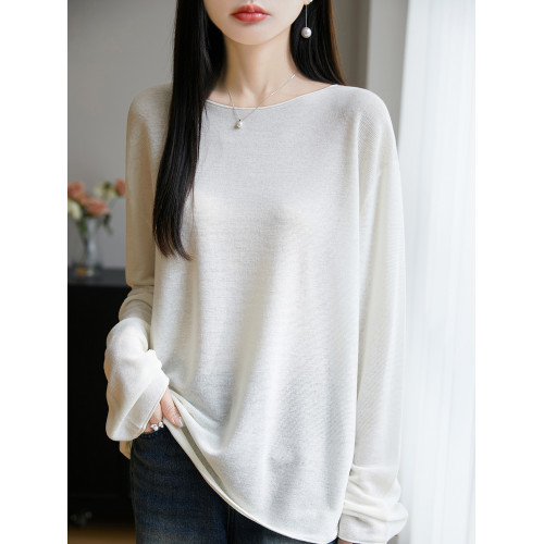 春夏一字領天絲針織打底衫女寬松外穿慵懶風長袖上衣亞麻防曬罩衫