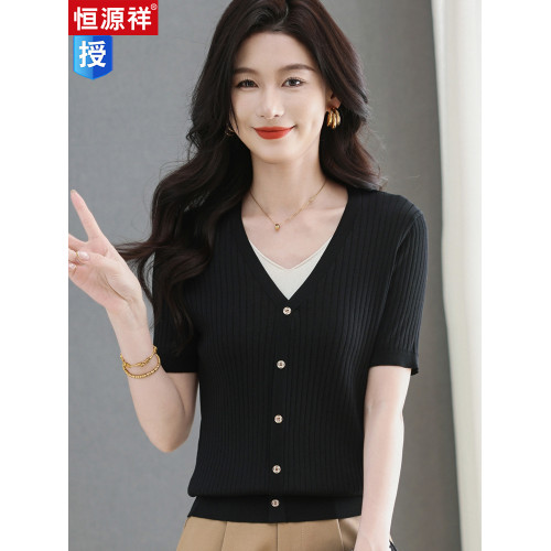 恒源祥假兩件短袖桑蠶絲針織打底衫夏季薄洋氣顯瘦冰絲修身上衣女