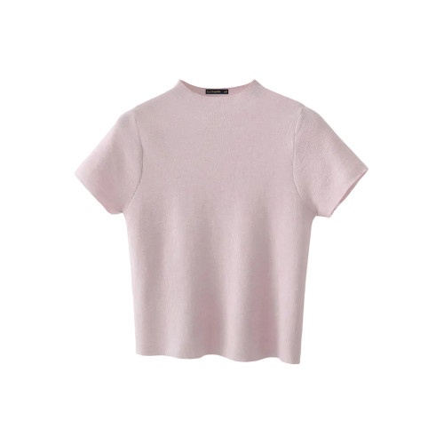 拉夏貝爾/La Chapelle半高領短袖針織衫上衣女春夏純色打底衫上衣