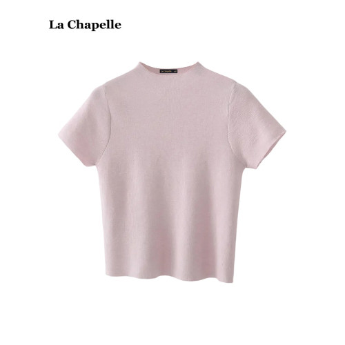 拉夏貝爾/La Chapelle半高領短袖針織衫上衣女春夏純色打底衫上衣