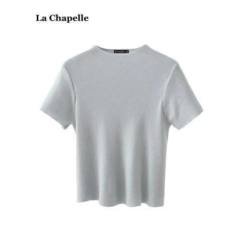拉夏貝爾/La Chapelle半高領短袖針織衫上衣女春夏純色打底衫上衣