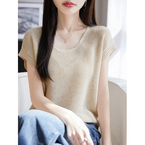 夏季薄款天絲亞麻針織背心女圓領寬松韓版休閒簡約百搭無袖打底衫